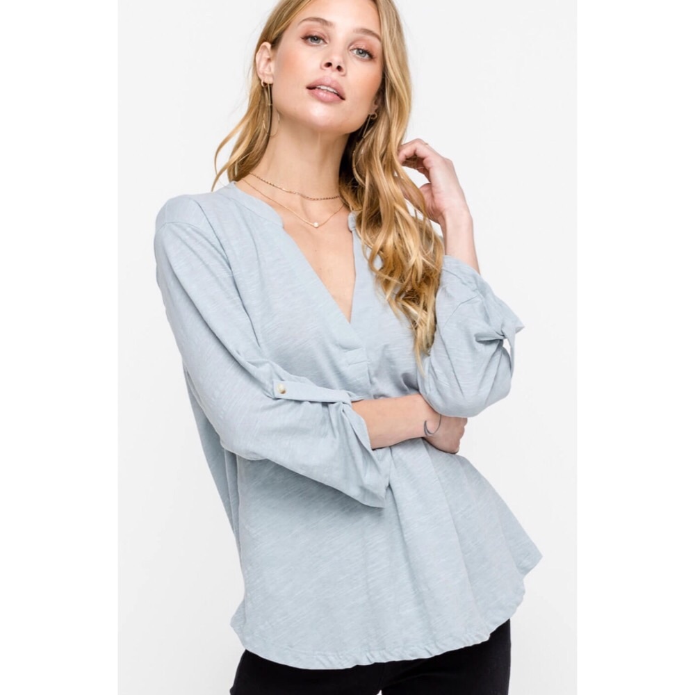 Megan V-Neck Cotton Top - Light Blue - Picture 2 of 5